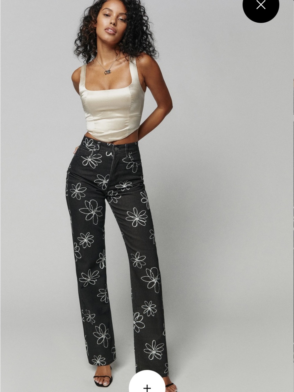 Reformation Black Straight-Leg Jeans with White Daisy Embroidery